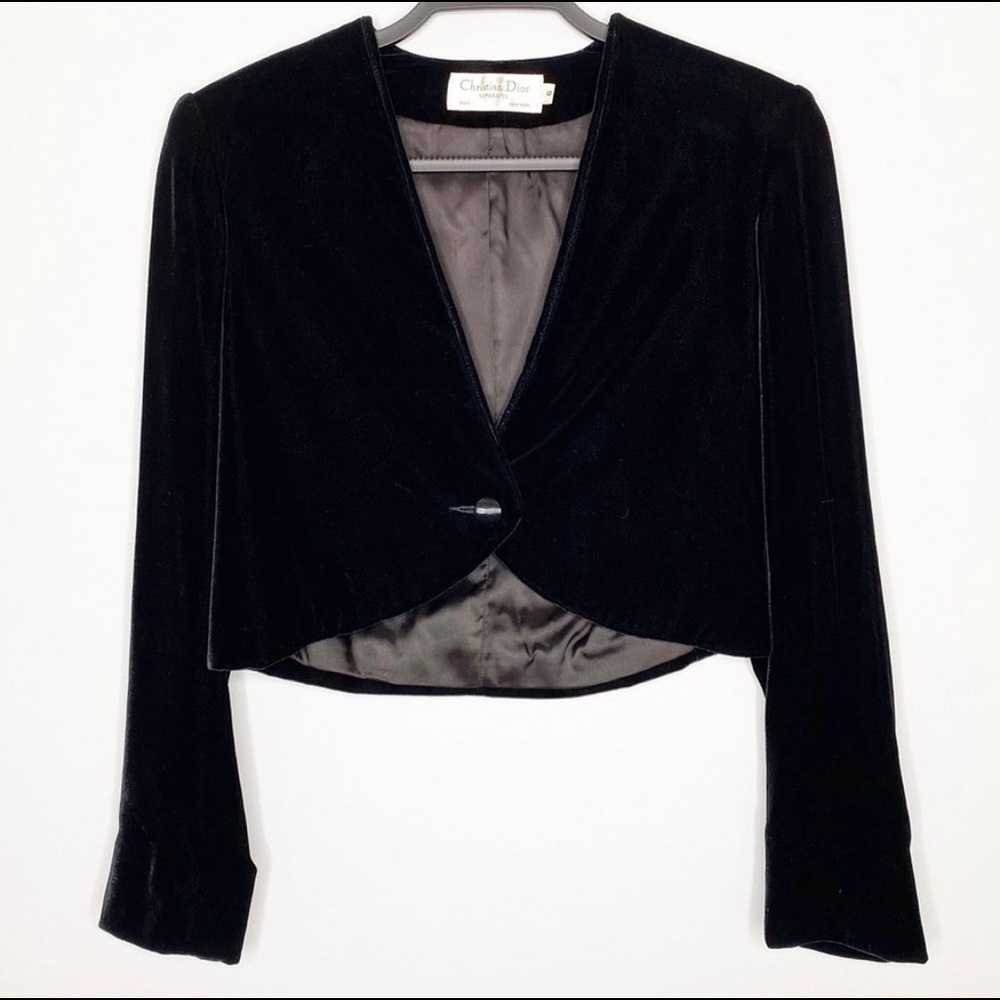 Vintage Christian Dior Black Velvet Bolero Cropped Blazer Jacket Sz 6